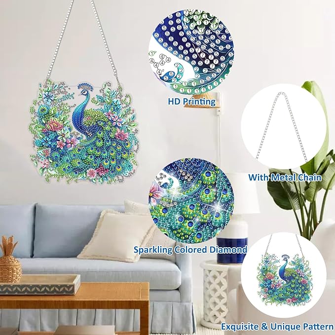 DOMROM Peacock Diamond Art Hanging Kits for Adults, Special Shaped Crystal Diamond Painting Peacock Pendant, DIY Diamond Art Suncatchers Animal for Home Garden Wall Decor Gift
