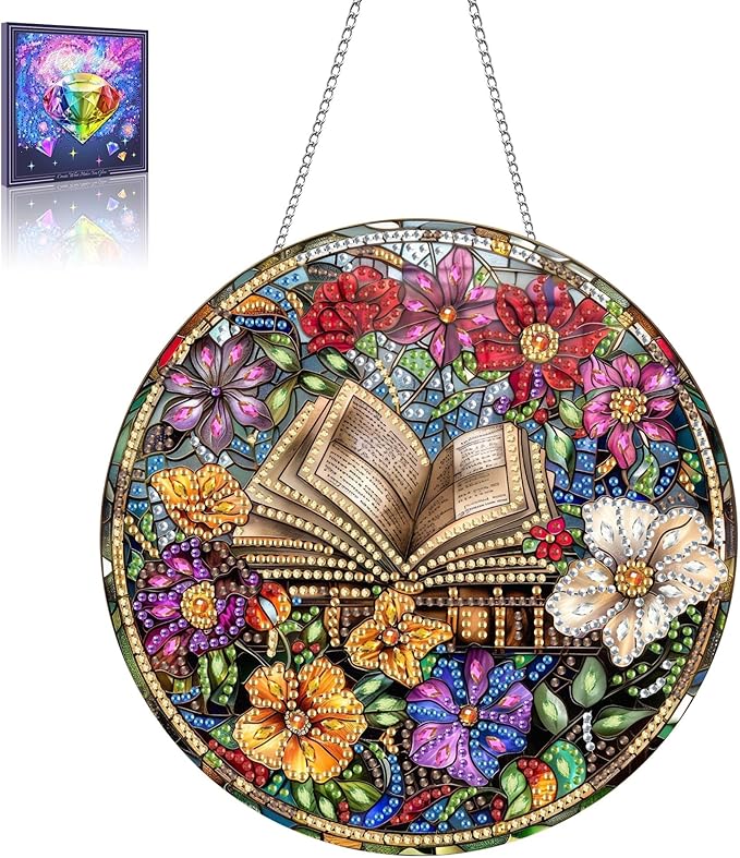Wergund 5D DIY Book Diamond Art Hanging Kits, Hanging Diamond Art Flower, Acrylic Special Shaped Rhinestone, Window Hanging Pendants for Home Wall Garden Front Door Outdoor Decor Gift(Book)-1