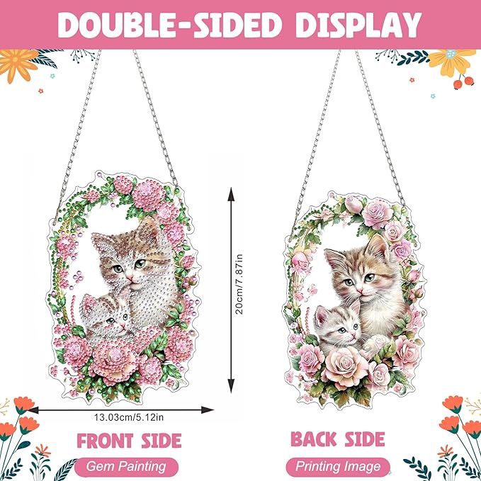NAIMOER Diamond Art Hanging Kits for Adults, Flower Cat Diamond Art Suncatchers, 5D Special Shape Fall Diamond Painting Pendant Window Ornament Gifts for Home Garden Door Wall Decor