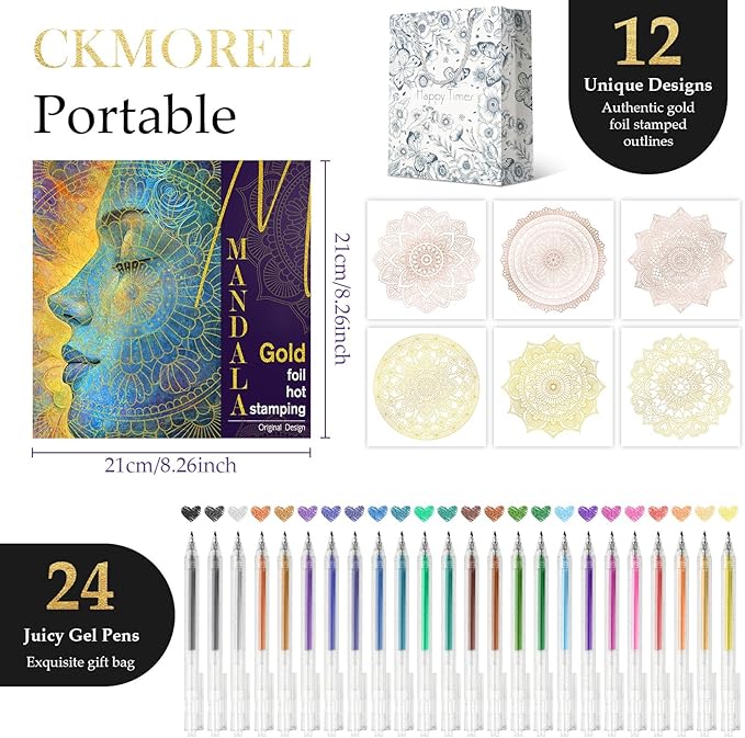 Mandala Adult Coloring Book for Women Relaxation, Gold Foil Mandala Coloring Book Set with 24 Colors Retractable Glitter Gel Pens, 12Pcs Premium Single-Sided Paper Mindfulness Gift Include Gift Bag