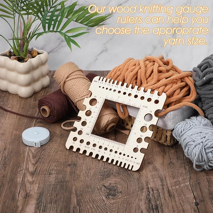 XLIUAX Wooden Rulers, Crochet Stitch Counter Spinner Yarn Measure Needle Gauge Swatch Ruler for Knitting Crochet Gauge Measuring Tool Poplar Square Measuring Tool Multi-Size Holes for Needles(B)