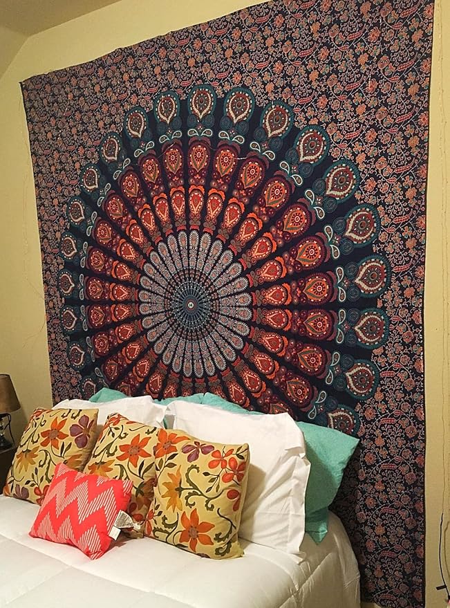 bless international handmade indian hippie bohemian psychedelic peacock mandala wall hanging college dorm beach throws table cloth bedding tapestry (golden blue, queen(84x90inches)(215x230cms))