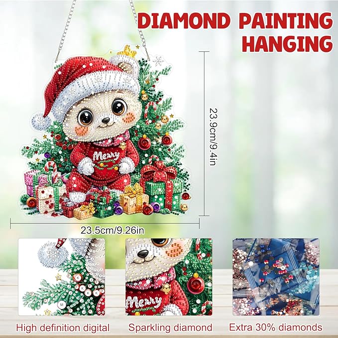 MAXBYE Christmas Diamond Art Kit for Adults, Cute Bear Acrylic Diamonds Painting Hanging Pendant Kit, 5D DIY Gem Art Kit for Home Wall Decor Gift