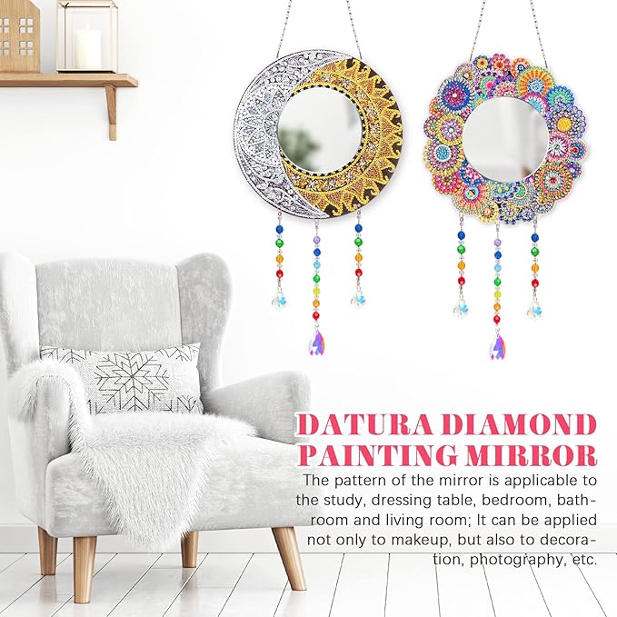 2Pcs DIY Diamond Painting Mirror, Moon Mandala Makeup Mirror, Special Shaped Crystal Suncatcher for Beginner Arts Crafts Gifts Home Decor (10x10 Inch)