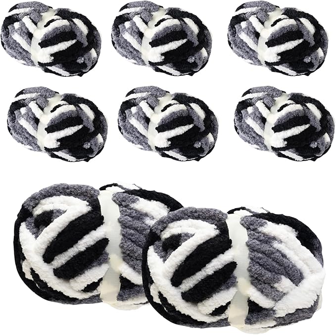 Chunky Yarn for Hand Knitting & Crocheting – Mixed Color Soft, Bulky Jumbo Yarn for Blankets, Scarves, DIY Projects, 8-Pack (Black, White, Gray)
