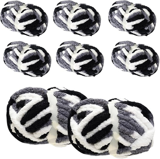 Chunky Yarn for Hand Knitting & Crocheting – Mixed Color Soft, Bulky Jumbo Yarn for Blankets, Scarves, DIY Projects, 8-Pack (Black, White, Gray)