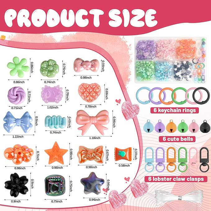 RYKOMO 600-700PCS Acrylic Beads for Bracelet Making Kit, with Bell, String, Key Rings, Clips in 6 Colors Kawaii Aesthetic Cute Beads for Jewelry Making, Keychains, Phone Charms, DIY Crafts