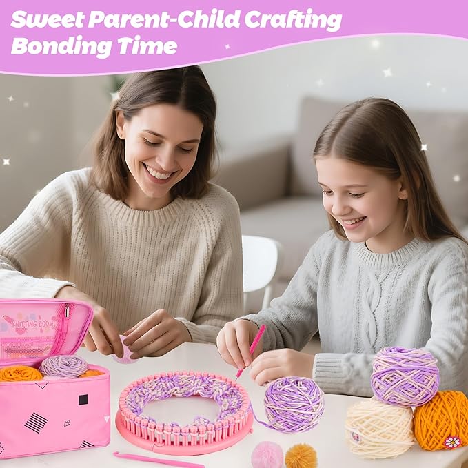 Knitting Loom Craft Kit for Kids & Beginners - Create Hat & Scraf with Yarn, Hook Needle, Ideal Birthday Christmas Gifts for Teens Girls Age 6-8 8-12 14+, Pink Loom