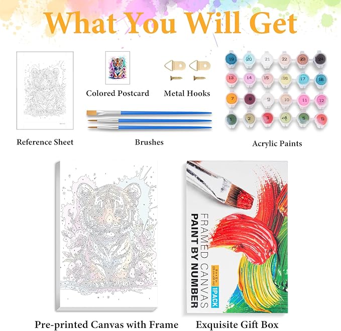 Okarina Framed Paint by Numbers Kit for Adults Beginner Tiger, Adult Paint by Number Kits on Canvas Framed Animal, DIY Acrylic Oil Painting by Numbers with Frame, Perfect for Home Decor 8 X 12 Inch