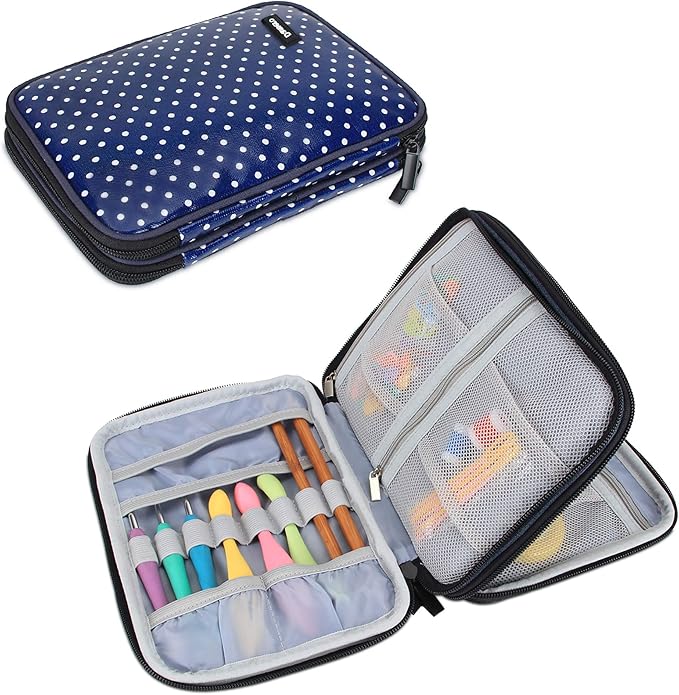 Damero Crochet Hook Case, Travel Storage Bag for Swing Crochet Hooks, Lighted Hooks, Needles(Up to 8'') and Accessories, Large, Blue Dots (No Accessories Included)