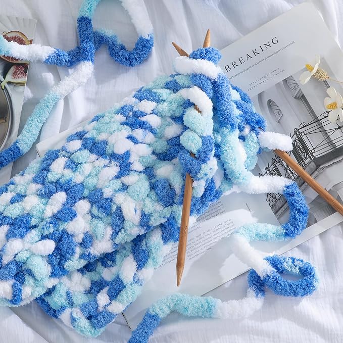 HOMBYS Chunky Tie Dye Mix Chenille Yarn for Hand Knitting, Super Bulky Jumbo Yarn for Crocheting, 3/4" Thick Soft Plush Yarn for Blankets, 8 Skein Pack (26 yds / 7.5 oz Each) Blue,Sky Blue,White