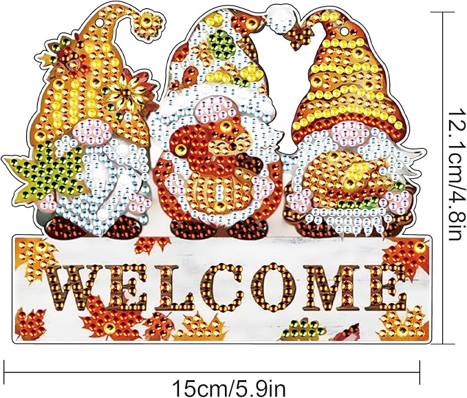 AiYuanzsh Autumn Gnome Diamond Painting Hanging Sign, 5D DIY Acrylic Crystal Rhinestone Diamond Art Kit Pendant, Welcome Fall Decor for Door, Wall or Porch