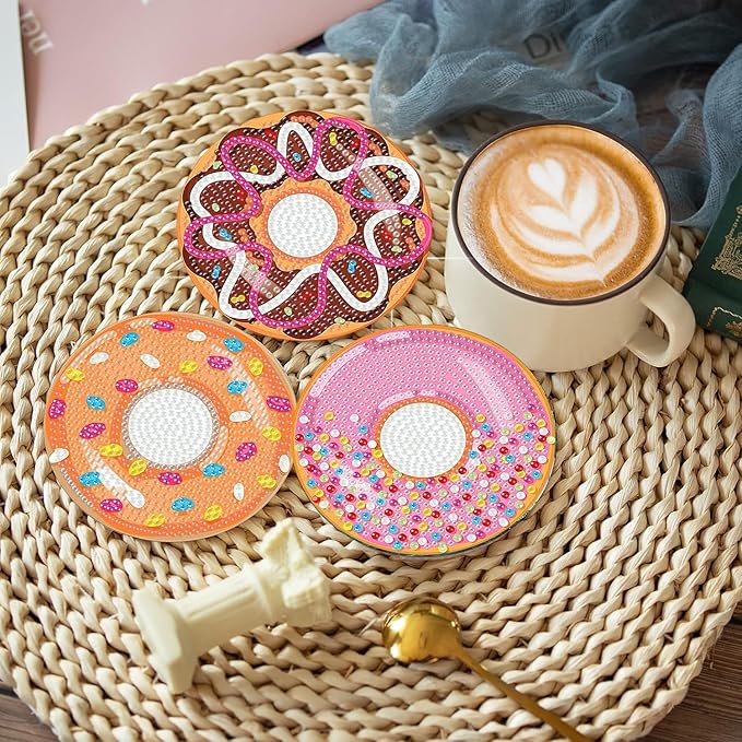 igoodom 8 Pcs Diamond Art Coasters Kit with Holder, DIY Donuts Diamond Painting Coasters for Beginners Adults, Non Slip Diamond Art Kits Craft Supplies 4x4inch