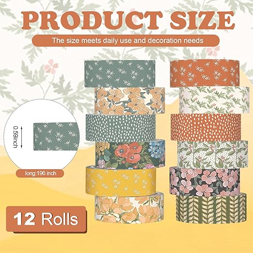 12 Rolls Watercolor Floral Washi Tape Set 15 mm Vintage Flower Decorative Masking Tape for Spring Arts DIY Craft Scrapbook Journal Supplies Gift Wrapping(Warm Tones,Botanic)
