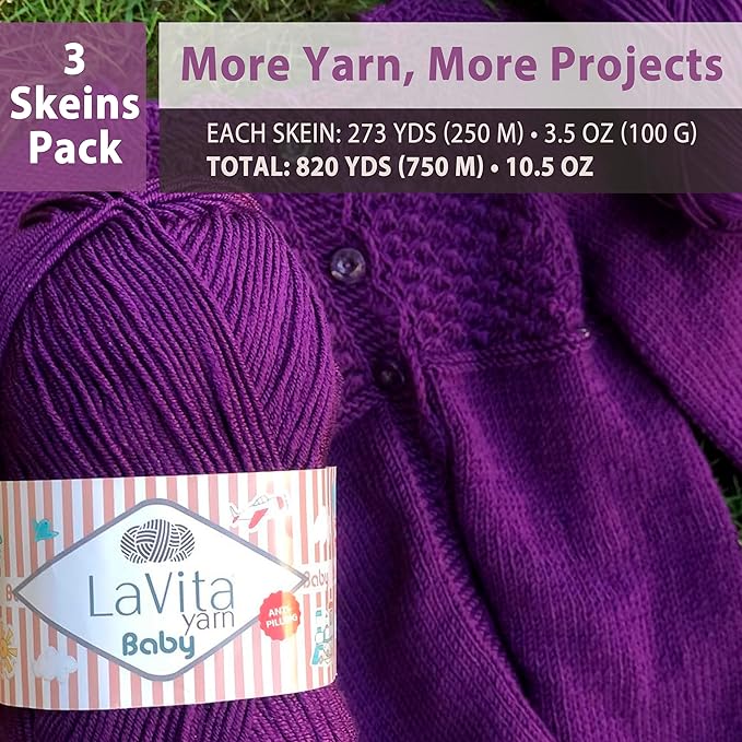 LaVita Baby Premium Anti-Pill Acrylic Yarn - 820 Yards, 3 x 3.5 oz - Warm, Airy Fiber with Silky Texture - Oeko-TEX Certified, Durable, Lightweight, Long-Lasting, Solid Pastel Colors - 3 Skeins Pack