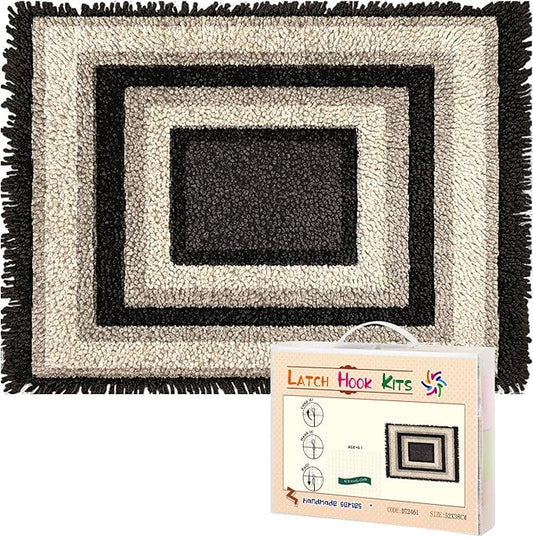 Latch Hook Rug Kit Modern Black and White Geometric Border Pre-Printed Handmade Carpet Crochet Yarn Craft DIY Hook and Latch Door Mat Tapestry for Home Floor Decoration 52x38cm-2