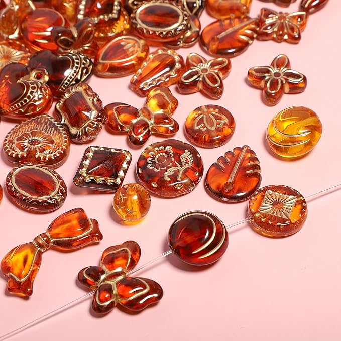 7.5 OZ Assorted Vintage Acrylic Beads for Jewelry Making, Song Xi Unique Flower Rose Czech Beads for Bracelet Earrings, Bohemia Style, Bulk, Arts and Crafts, DIY Holiday Gift (240-260 PCS, Amber)