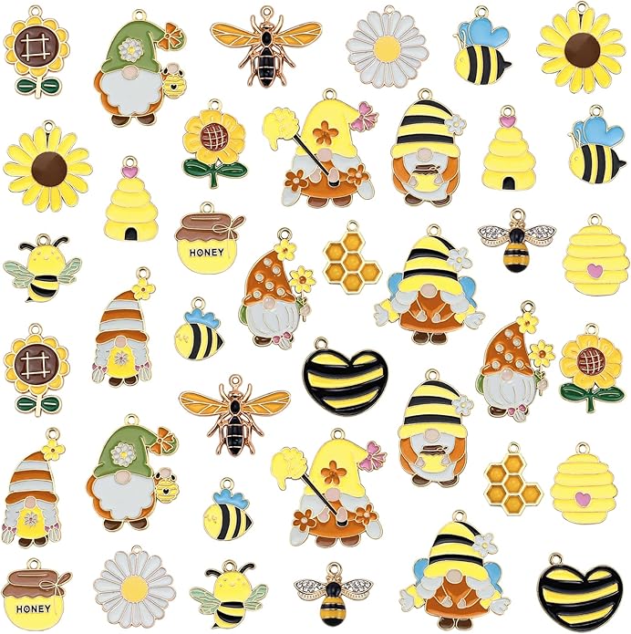 40Pcs Cartoon Enamel Bee Charms Set, 20 Styles Assorted Honeybee Honeycomb & Gnome Alloy Pendants for Jewelry Making Crafts DIY Necklace Bracelet Keychain Crafting Charms Kit