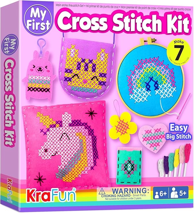 KRAFUN Beginner My First Cross Stitch Kit for Kids Arts & Crafts, 6 Easy Projects of Felt Keyring, Bag, Pillow Craft, Instructions, Gift for Girls and Boys, Learn DIY Crafting, Embroidery