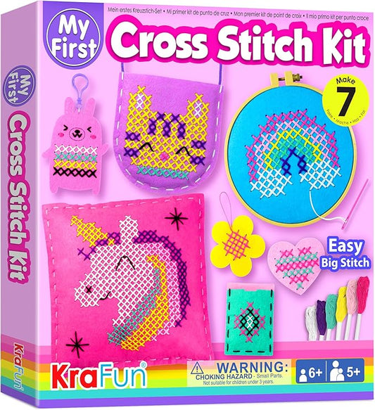 KRAFUN Beginner My First Cross Stitch Kit for Kids Arts & Crafts, 6 Easy Projects of Felt Keyring, Bag, Pillow Craft, Instructions, Gift for Girls and Boys, Learn DIY Crafting, Embroidery