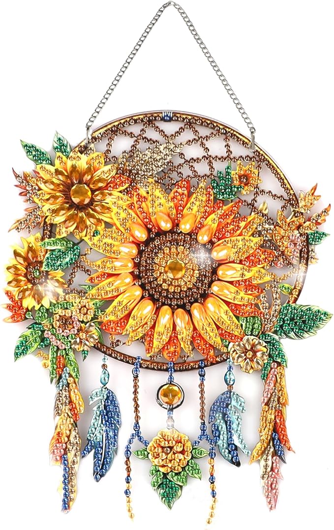 Sunflower Diamond Painting Hanging Ornament, Dream Catcher 5D Special Shape Diamond Art, Crafts for Adults DIY Gem Art, Acrylic Home Garden Window Wall Decor with Chain, Box Kit, 6.2×7.8in