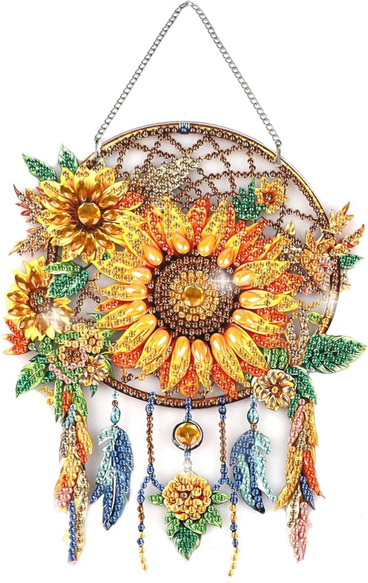 Sunflower Diamond Painting Hanging Ornament, Dream Catcher 5D Special Shape Diamond Art, Crafts for Adults DIY Gem Art, Acrylic Home Garden Window Wall Decor with Chain, Box Kit, 6.2×7.8in