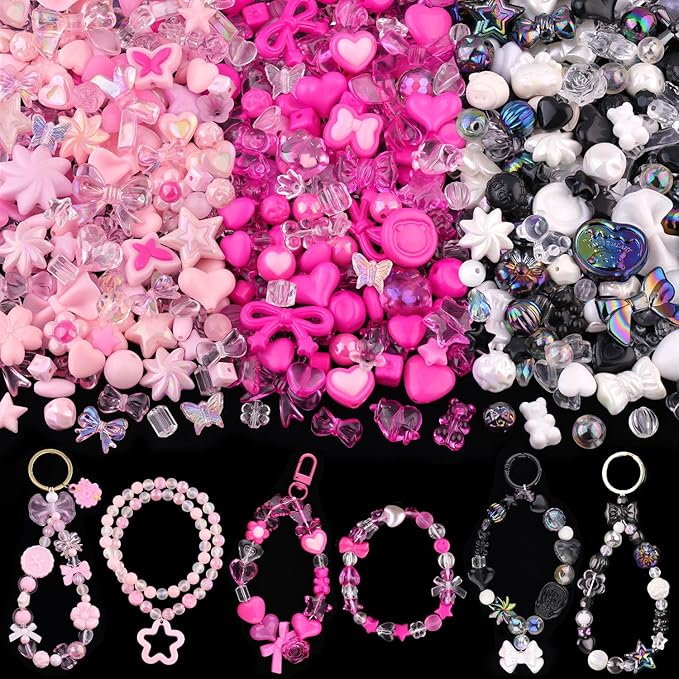 180-240pcs tinkrstuff assorted acrylic beads 3 mixed series cute beads for bracelet making, bow aesthetic gummybear flower butterfly kawaii charms for jewelry making diy necklace keychain phone charm