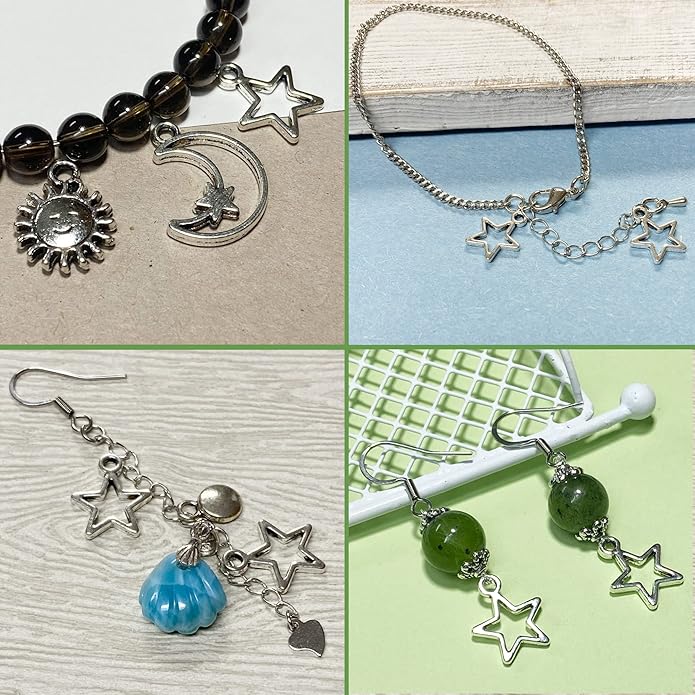 Heather's cf Celestial Beads Moon Charms Pendant Jewelry Making Earrings Necklace Bracelet Kit Findings Jump Rings Lobster Clasp Vintage Finish Plated Non Tarnish Look (Silver Star, 79-150Pcs)