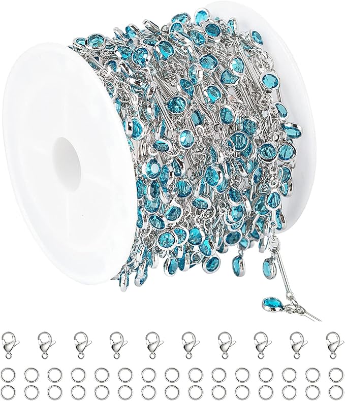 YOUBEIYEE Blue Glass Bead Chains for Jewelry Making, Dangle Crystal Silver Necklace Anklet DIY Chains Bulk with Open Jump Rings and Lobster Clasps