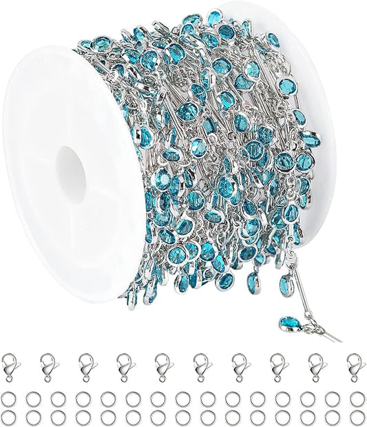 YOUBEIYEE Blue Glass Bead Chains for Jewelry Making, Dangle Crystal Silver Necklace Anklet DIY Chains Bulk with Open Jump Rings and Lobster Clasps