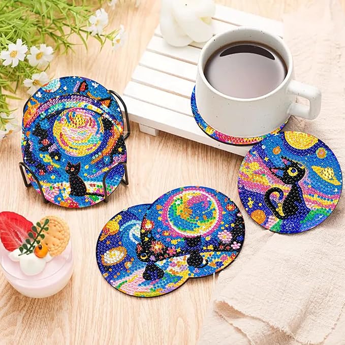 10 PCS Diamond Art Coasters Kit, Small Diamond Painting Coasters, Fall Diamond Art Kits for Adults Beginners, Arts and Crafts Supplies Item Sets with Holder Black Cat