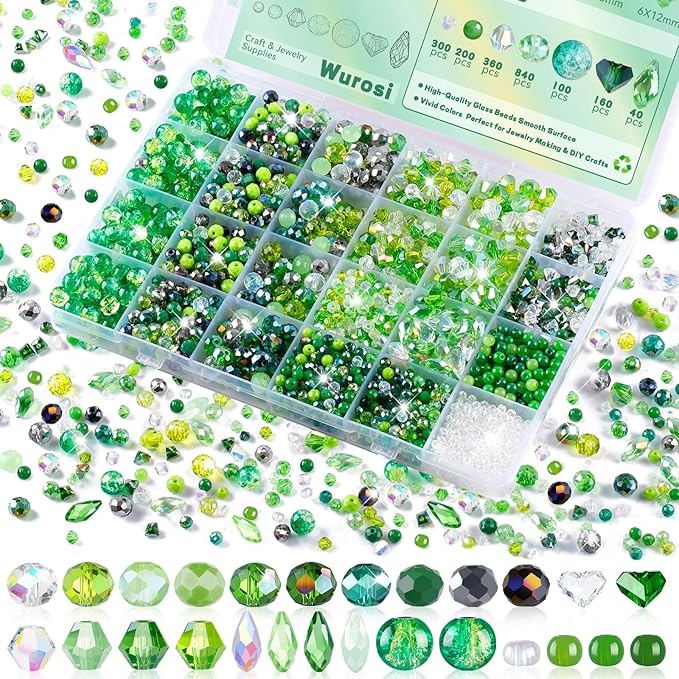 2000 Pcs Glass Beads for Jewelry Making –High Shine, Faceted Cut Crystal Sun Catcher Beads, DIY Bracelet Necklace Earring Craft Kit and Lamp Decor with Organizer Box for St. Paddy's Day, Green