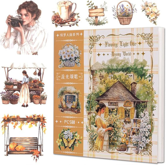 Garden Journal Sticker Book, 50 Sheets Washi Junk Journaling Sticker, Scrapbook Supplies, Watercolor Scrapbooking for Adults, Yellow Decorative Ephemera Arts Craft