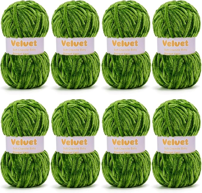 Velvet Yarn Chenille Yarn for Crocheting and Knitting Soft Chenille Bulky Baby Blanket Yarn DIY Weaving Craft 8pack Green(4oz 66yds Each)
