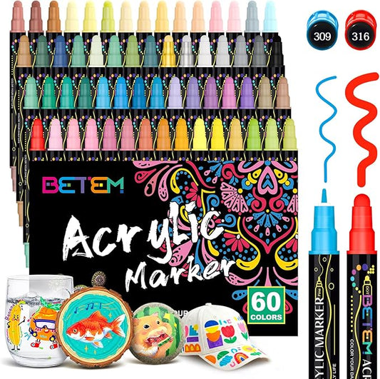 Betem 60 Colors Dual Tip Acrylic Paint Pens Markers, Fabric Decorating Kits Premium Water-Based Acrylic Paint Markers for Fabric, Rock, Wood, Glass, Eggs, Canvas, Ceramic, Easter Basket Stuffers