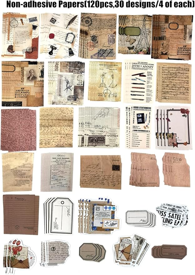 Esweny 260PCS Vintage Journaling Scrapbooking Supplies Scrapbook Sticker Paper Ephemera Pack for Junk Journal Planners Collage Craft Notebooks Album (Pen Ink and Letter)