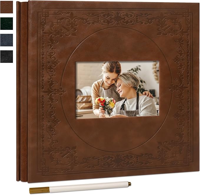 Vienrose Self Adhesive Faux Leather Photo Album with Window DIY Scrapbook Kit for 4x6 5x7 8x10 Pictures, Memory Book for Baby Kids Wedding Journal School Polaroid, 20 Sheets(40 Pages) Red Brown