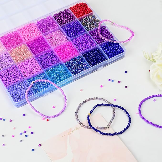 Vtssvow 3mm Glass Seed Beads for Bracelets Making, 24 Colors 10000pcs Friendship Bracelet Making Kit, Small Glass Beads for Jewelry Making (Mix 24 Color, Purple)
