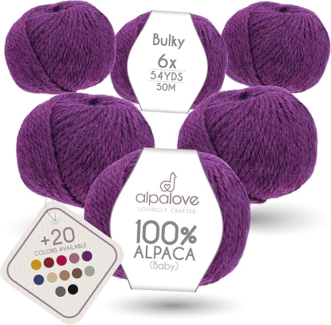 Bulky Set (6 x 1.75 oz) Super Soft Baby Alpaca Knitting Yarn Berry 328 Yards