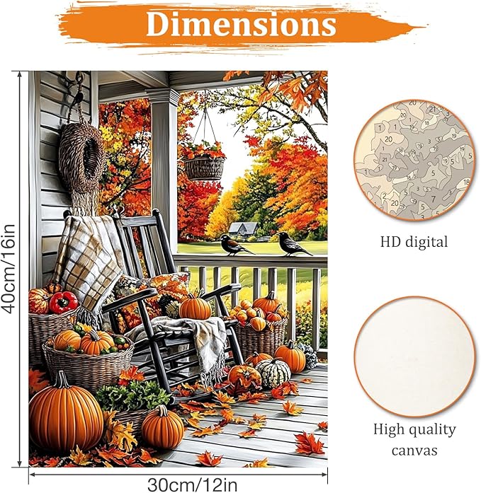 MAXBYE Paint by Numbers, Autumn Porch Adults' Paint by Number Kits, DIY Acrylic Paint Kit for Adults Beginners Unframed, Pumpkins Easy Oil Paint by Numbers Canva for Home Wall Decor 12x16inch