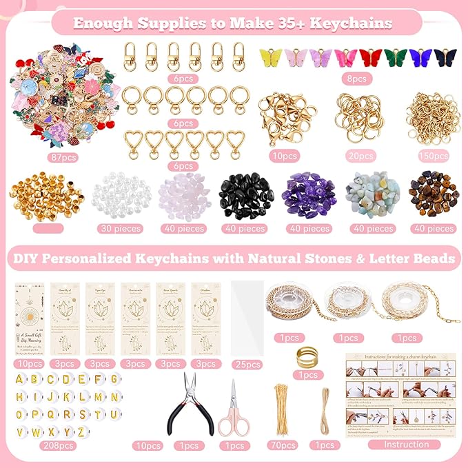 TOHONGADON 907 Pcs Lip Gloss Charms, Keychain Making Kit, Bag Charm Kit with 5 Kinds of Crystal Stones, 343 Charms, 24 Keychain Clips, Key Ring Jewelry Plier, Extender Chain for DIY Crafting