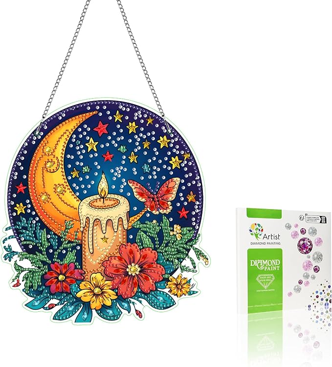 VAIIEYO Moon Diamond Art Hanging Ornament, Flower Diamond Painting Suncatchers Window Hanging Kit with Chain, 7.5x7.5 inch Crystal Pendant Art Craft for Gift Home Wall Front Door Decoration