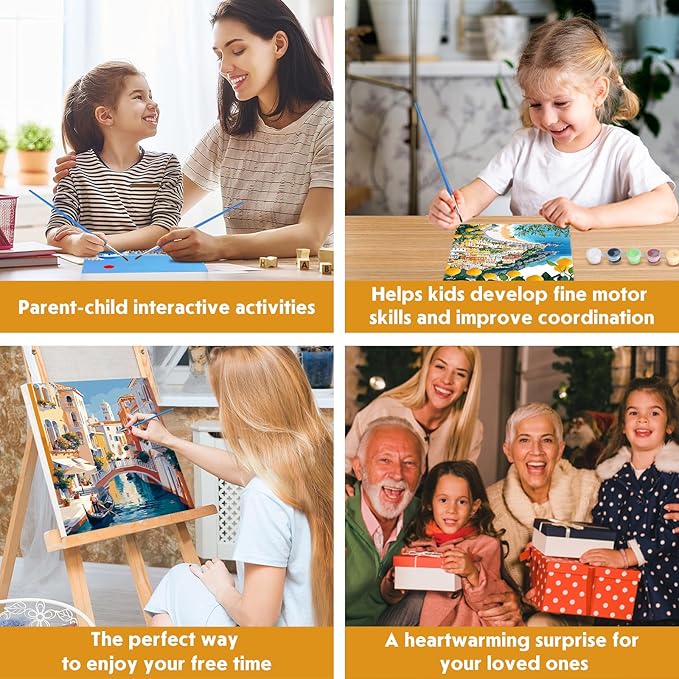 NEWENMO 4 Pack Paint by Numbers Kit for Kids Beginner with Wooden Frame, Beautiful Coast Village, Paint by Numbers Kit for Adults, Park and Cityscape, DIY Painting Kits for Home Wall Decor 8x10 inch