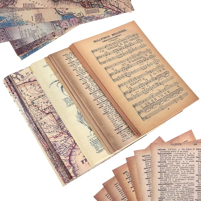 BILLIOTEAM Junk Journal Pages Vintage Handmade Scrapbook Sheets, Including Magazine, Newspaper, Sheet Music and Kraft for Scrapbooking Decoupage Background DIY Craft Decoration 120PCS