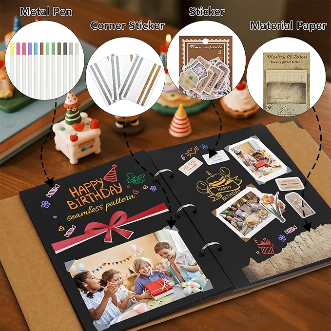 Vienrose Scrapbooking Supplies Kit, Aesthetic Scrapbook Accessories with Stickers, Textured Papers, 12 Metal Pens and 3 Corner Stickers, Art Journaling Supplies for Scrapbook Album, Bullet Journaling