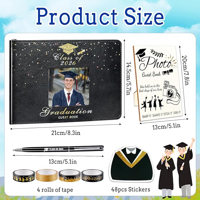 LUYI 8 Pcs Graduation Guest Book 2026, Graduation Decorations Party Favors Photo Guest Book Sign with Pen Stickers Washi Tape in Book Signature Memory Scrapbook for College Gift