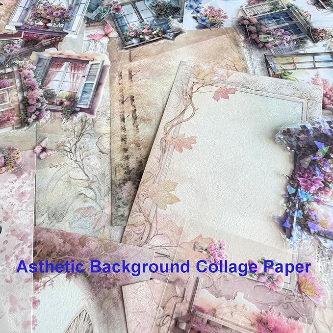 64 Sheets Vintage Floral Scrapbooking Kit, Precut Floral Natural Garden Flowers Butterfly Transparent PET and Washi Stickers with Scrap book Paper for Scrapbook Supplies Junk Journals Craft (Flower)