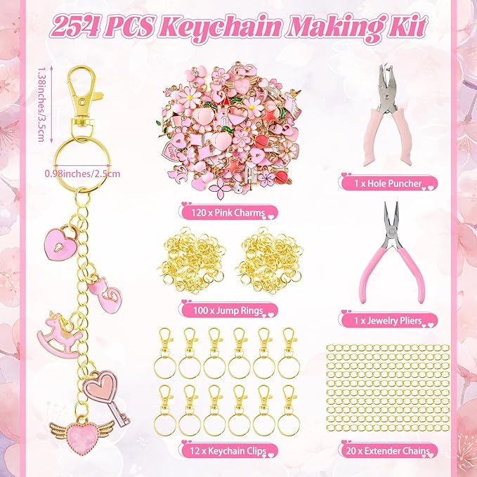 PYURTHITY 254 Pcs Pink Charms Lip Gloss Keychain Making Kit Include Pink Gold Enamel Charms Keychain Clips Extender Chains Jump Ring Plier DIY Jewelry Crafts Gifts for Women Adults