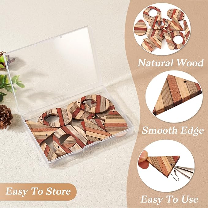 Beadthoven 12pcs/6 Pairs Natural Wood Charms DIY Earrings Pendants Colorful Striped Dark Red Rustic Wooden Pendants Mix Wood Pieces for DIY Jewelry Making Bohemian Earrings Necklace Accessories