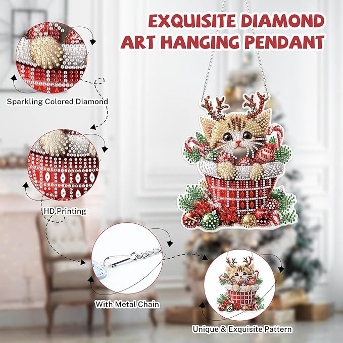 Bowetile Christmas Diamond Art Hanging Kits for Adults, Diamond Art Suncatchers Cat, 5D Special Shape Diamond Painting Pendant Window Ornament Christmas Gifts for Home Door Wall Decor